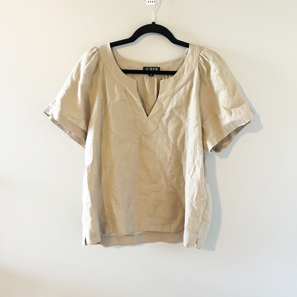 J.Crew Womens Flutter Sleeve Linen V Neck Top Tan Beige BR063 Size M